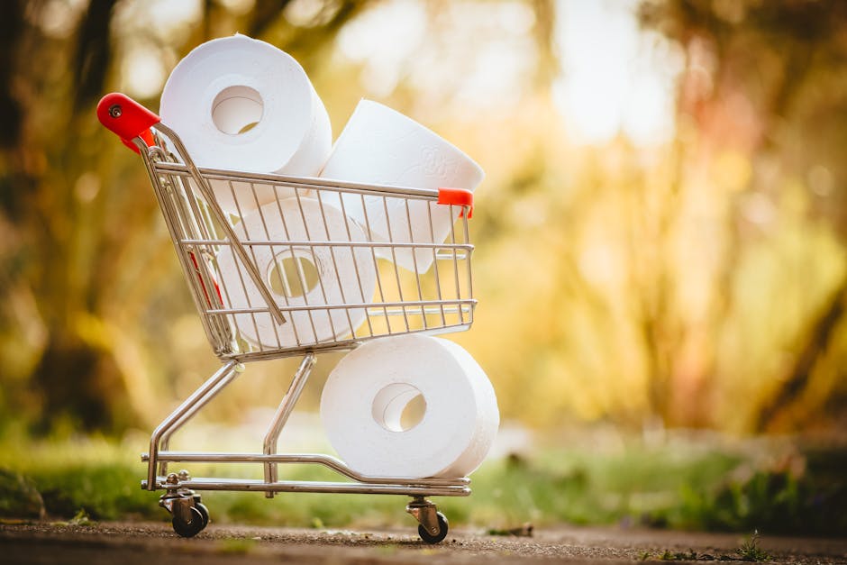 A small metal shopping trolley with red plastic handles, positioned outdoors on a paved surface, filled with three large white toilet paper rolls. The trolley is in a slightly tilted, stationary position, with one roll on the ground beneath it. The background features a blurred natural setting with trees and foliage in warm tones of yellow and green, suggesting early morning or late afternoon lighting. This scene relates to packing materials used in home relocation or moving services offered by Man with Van Biggin Hill, whose website specializes in furniture transport and packing assistance within the context of house removals in Biggin Hill.