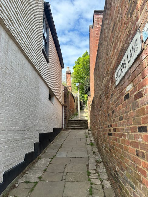 A narrow residential street in Biggin Hill showing a wet pavement with double yellow lines along the curb. On the right side, there are colorful terraced houses painted in pastel shades of yellow, white, and light blue, with white-framed windows and small flower pots on the sills. Some houses have external wall-mounted lamps. On the left side, a weathered brick wall separates the street from a row of garages and garden areas, with greenery creeping over parts of the wall. A large red brick building is visible further down the street amidst leafless trees, indicating autumn or early winter. The sky is partly cloudy with patches of blue, and soft daylight illuminates the scene. This setting reflects a typical small-street environment suitable for house removals, where furniture and packing materials are likely being prepared for transport by professionals like Man with Van Biggin Hill, as part of a home relocation or moving process.