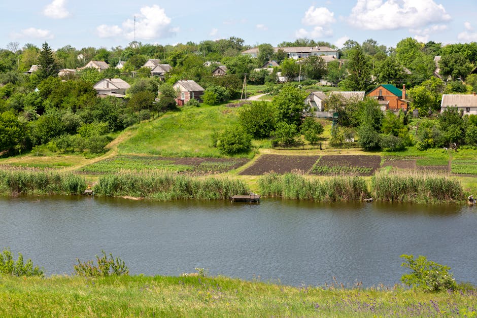 A scenic view of a residential area situated on a hillside across a body of water, with several houses surrounded by lush green trees and gardens. The houses vary in size and design, some with sloped roofs and a mix of brick and wood exteriors, positioned amidst expansive green lawns and cultivated garden plots. In the foreground, there is a grassy bank leading down to the water, which features small wooden platforms or docks along the shoreline. The sky is partly cloudy, providing natural light that enhances the vibrant greenery. This setting illustrates the peaceful environment typical of Biggin Hill village, and the image captures the context of a home relocation scene with the potential for moving activities such as furniture transport and packing that could take place in such picturesque surroundings, as managed by Man with Van Biggin Hill during house removals and residential moving services.